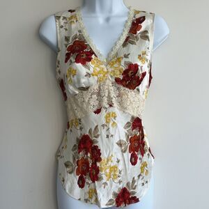 Vintage Y2K 2000s 100% Silk Babydoll Lace Trim Floral Cami New York & Company XS